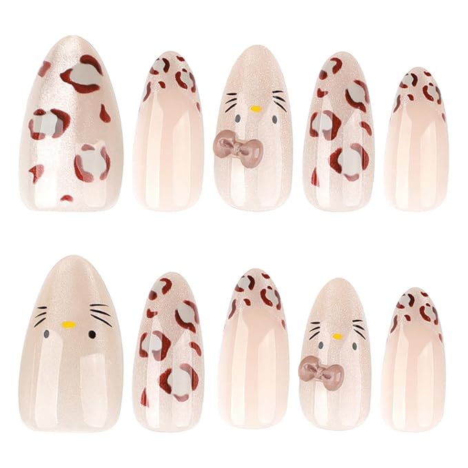 Nude Leopard Press On Nails 24pcs, Cute Cat Design Almond False Nails with Gold Shimmer and 3D Bow, Glossy Reusable Stick On Nails Kit for Women and Girls