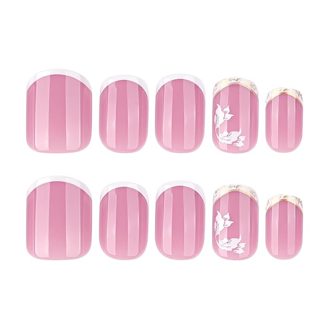 French Tip Press On Nails Spring Summer Acrylic Nails for Women - White Flower Designer Fake Nails Short Square 24Pcs, Outing/Party Reusable Glue On Stick On Nail Gift For Women