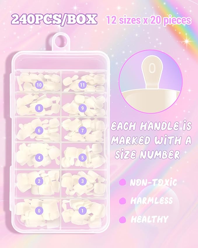 krofaue 240Pcs Kids Press on Nails with Handle - Short Fake Nails for Girls 12 Sizes Soft Gel Nail Tips for Safe & Fun DIY Nail Tips Art for Children 9-12(Nature)