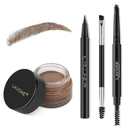LAVONE Eyebrow Stamp Pencil Kit for Eyebrows, Makeup Brow Stamp Trio Kit with Waterproof Eyebrow Pencil, Eyeliner, Eyebrow Pomade, and Dual-ended Eyebrow Brush - Chocolate