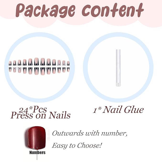 BABALAL Duck Nails Press on Black French Tip Fake Nails with Flower Charm Acrylic Nails Rhinestone Bling Shiny False Nails Full Cover Duck Bill Stick on Nails Supplies Diy Nails for Women Girls