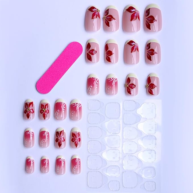 Short Almond Press on Nails French Tip Fake Nails with Wine Red Floral Hand Painted Design Stick on Nail for Women 24pcs