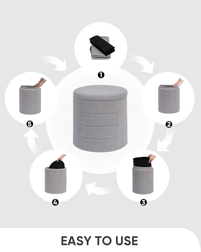 B FSOBEIIALEO Ottoman with Stroage, Round Sherpa Storage Ottoman Stool, Boucle Foot Rest 14.6"x14.6"x17.7"（Grey