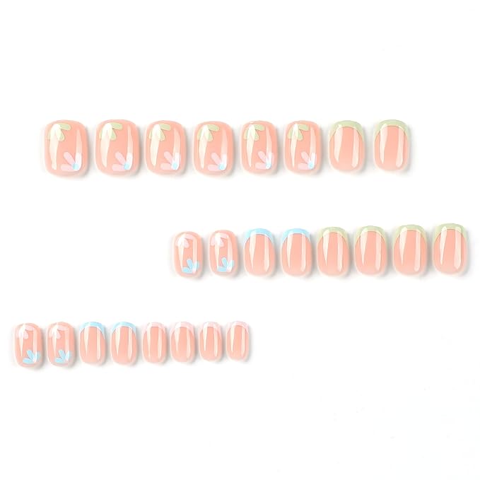 French Pink Press on Nails Short Square, Summer Fake Nails with Cute Blossom Pink Designs, Glossy Gel Finish Acrylic Nails, Thick Natural Reusable Glue on Nails Kit for Women, 24Pcs, Floral Blush