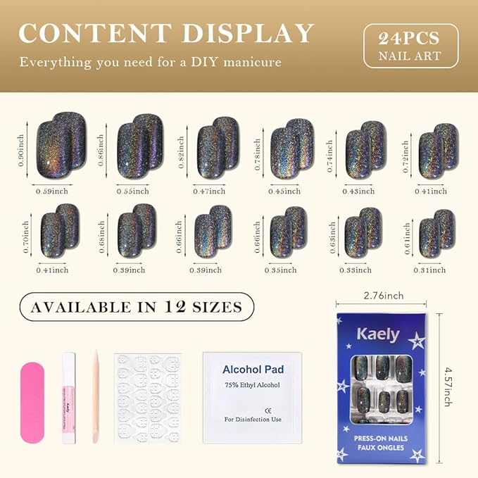 evpct Black Chrome Metallic Cat Eye Press on Nails Square Medium, Glue on Nails Medium Length Square for Women, Black Metallic Nail press ons, Iridescent Glitter Halloween Acrylic Fake Press on Nail