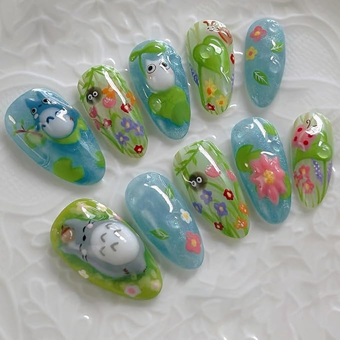 24Pcs Flower Press on Nails Medium Almond Cartoon Fake Nails with Refreshing Summer Leaves Design Autumn Winter Full Cover Artificial Glue on Nails Handmade Stick on Nails for Women DIY