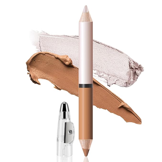 2 in 1 Cream Bronzer and Highlighter Stick,Cream Dual-Ended Highlight Contour Stick,Long Lasting & Waterproof Face Brighten Make up Pen