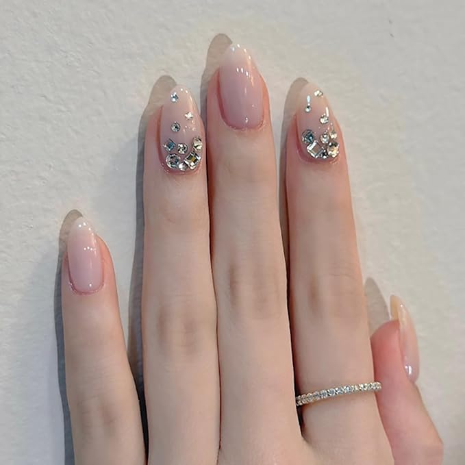 Nude Pink Rhinestone Press On Nails, Glossy Gradient Almond Fake Nails with Crystal Gems Design, Elegant Sparkly Stick On Nails for Women, 24PCS Reusable False Nail Set