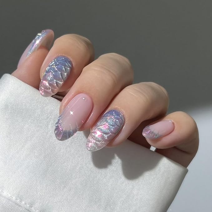 3D French Tips Pearl Blue Press On Nails Almond Medium Length, Mermaid Iridescent Designer Reusable Acrylic Nails Press Ons, Fake Nails With Glue On, Daily Wear False Nails For Women
