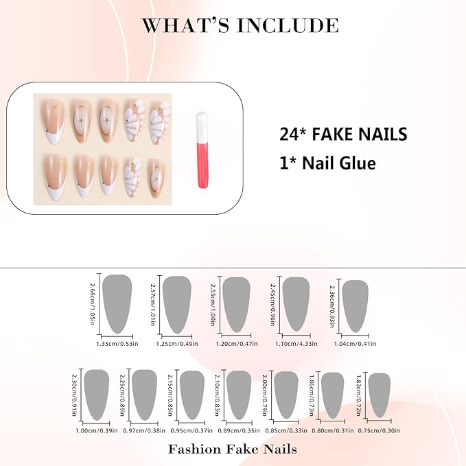 IMRAIN Medium Almond Press on Nails French Tips Fake Nails with Crocodile Print Designs Nude White Ombre Glossy Glue on Nails Acrylic Full Cover Golden Star Stick on False Nails for Women Girls