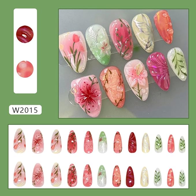 Almond Press on Nails Medium Fake Nails Colorful Flower Acrylic Nails Silver Butterfly Stick on Nail Reusable Leaf False Nail with Glue Artificial Glue on Nail for Women Manicure Decorations 24Pcs