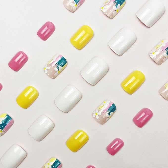 Flower Press on Nails Short Square Fake Nails Pink False Nails Floral Glossy Full Cover Acrylic Nails Spring Glue on Nail Artificial Cute Stick on Nail for Women Manicure 24Pcs