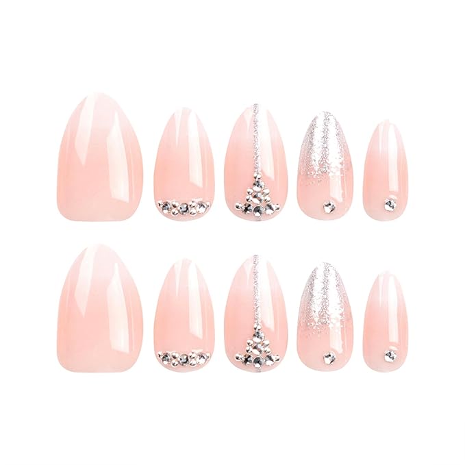 Almond Medium Nude False Nails - White Gradation, Glitter Rhinestones, French Design, Glossy Full Cover Acrylic, Stick On, Women's Nail Decoration