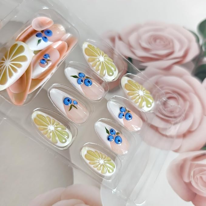 24Pcs Summer Fruit Press on Nails Almond Fake Nails Cute 3D Blueberries Lemon Design Summer False Nails Medium Reusable Fall Nails Glue on Nails Acrylic Nails for Women Manicure Decoration