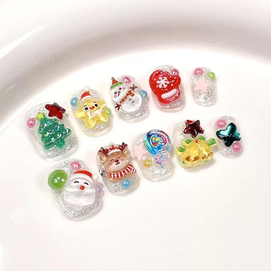 10Pcs Christmas Press on Nails Petite Square Fake Nails Santa Claus Elk Christmas Tree Rhinestones Glitter Full Cover Stick on Nails Cute Winter False Nails Xmas Glue on Nail for Acrylic Manicure