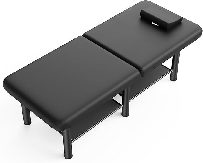 Folding Stationary Massage Table with Backrest and Storage Space, 6 Round Legs Metal Frame PU Leather, 30.5'' Wide × 75'' Long for Treatment Table Physical Therapy Table Spa Facial Bed, Black