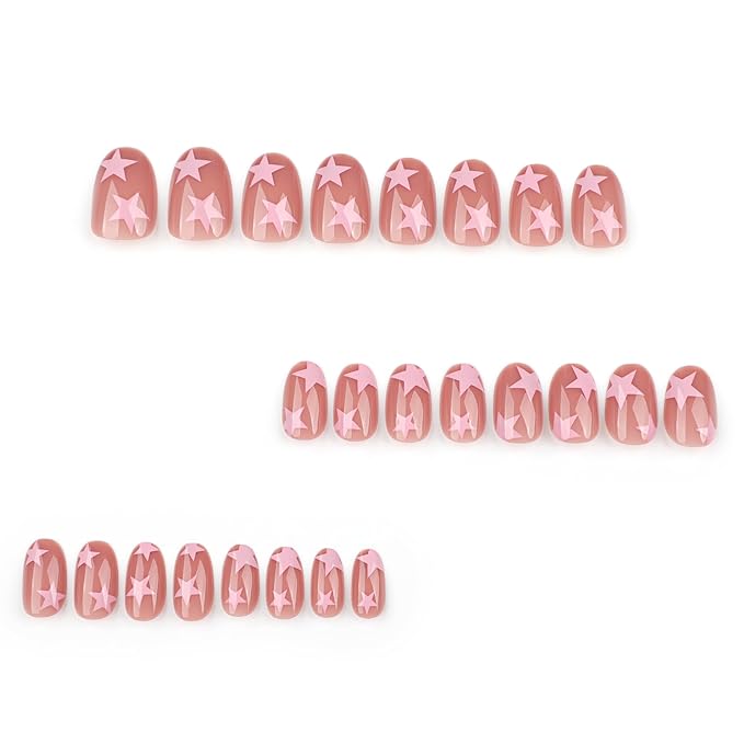Press On Nails Spring Acrylic Nails for Women - Pink Star French Designer Fake Nails Short Almond 24PCS, Glossy Soft Gel with Glue, Outdoor Picnic/Wedding/Party Reusable Stick On Nails Gift