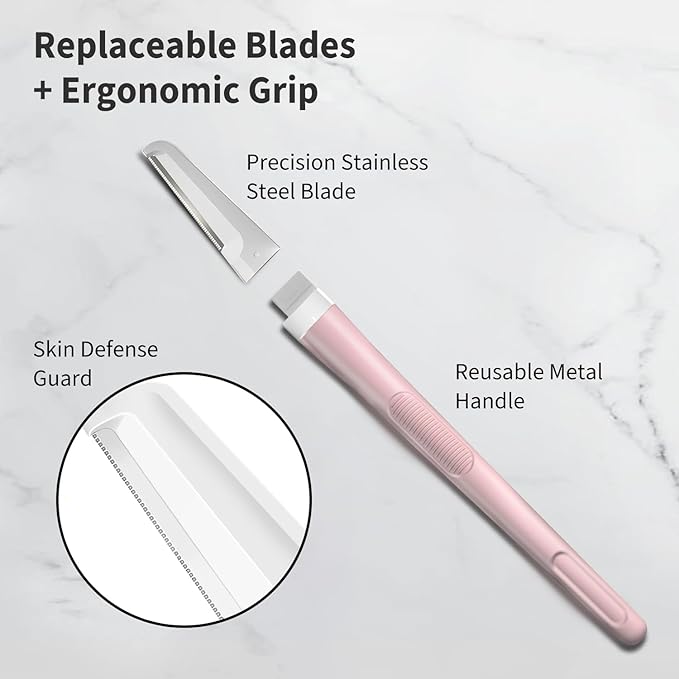 Dermaplane Razor for Women Face, Precision Face Razors for Women, Dermaplaning Tool, Gentle Exfoliation, Perfectly Shape Brows, Reusable Metal Handle with 8 Microblades, Pink