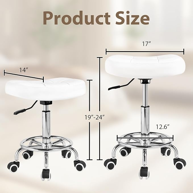 Rolling Stool Wider Rectangular Cushion-Provides a Comfortable, Stable Support Surface with Loop Footrest for Leg Support,Adjustable Stool with Wheels for Salon Tattoo Massage Office Home (White)