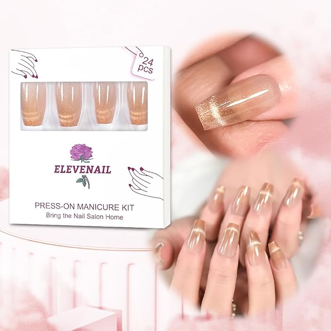 Shimmery Cat Eye Press On Nails Coffin Medium Length Nails Women Girls Gifts Shiny Salon Manicure Light Brown Nude Gel Nail Art Tips Fake Nails Reusable Acrylic False Nails Glue On Nails