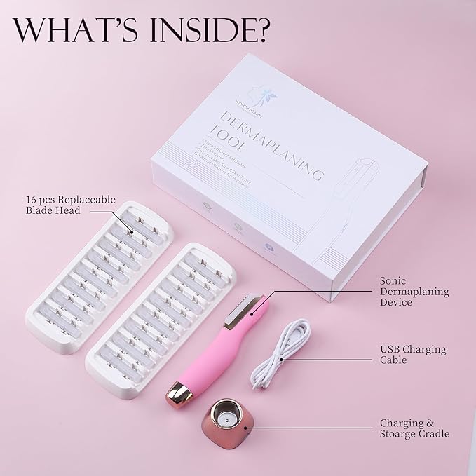 Sonic Dermaplane Razor for Women Face, Dermaplaning Tool for Face, Facial Hair Removal for Women, Sonic Edge Technology, Peach Fuzz with 16 Replaceable Blades(Pink)