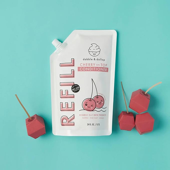 Dabble & Dollop Cherry Conditioner Refill - Detangler for Kids, All Natural Fragrances, Dermatologist Tested, Tear-Free, Non-Irritating, Hypoallergenic, pH Balanced, Leaping Bunny Certified (24oz)