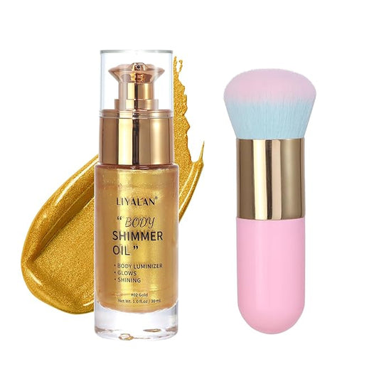 Liyalan Shimmer Body Oil 5 Color Options 1.0 fl.oz Face Glow Pearl Highlighter Illuminator Long-Lasting Shine Glitter Liquid Tanning with Makeup Brush Included (#02 Gold)