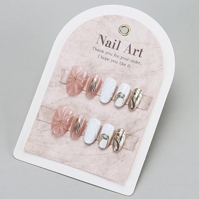 24Pcs Gold Press on Nails Short Oval Fake Nails 3D Artificial Ripple White Pink Full Cover Glue on Nails French False Nails White Gold Stick on Nails for Women Girls Acrylic Manicure Decorations