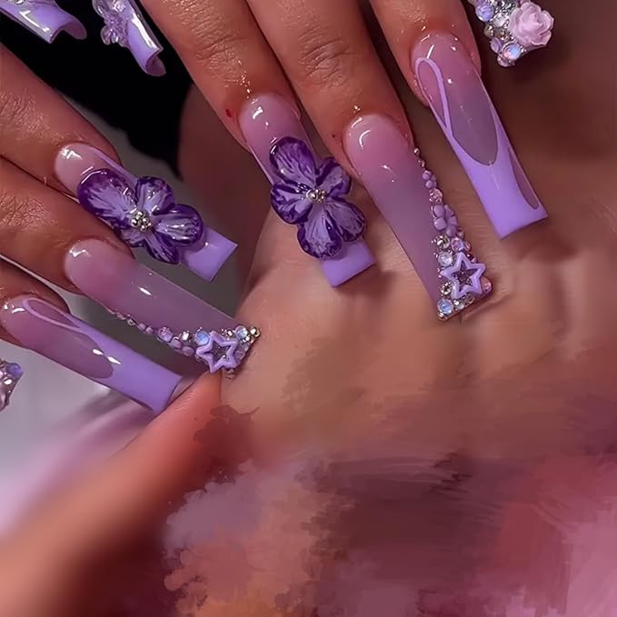 Long Press on Nails Square Fake Nails SEENEEY French Artificial Nail with Purple Floral and Rhinestones Designs Cute Stick on Nail for Women 24pcs