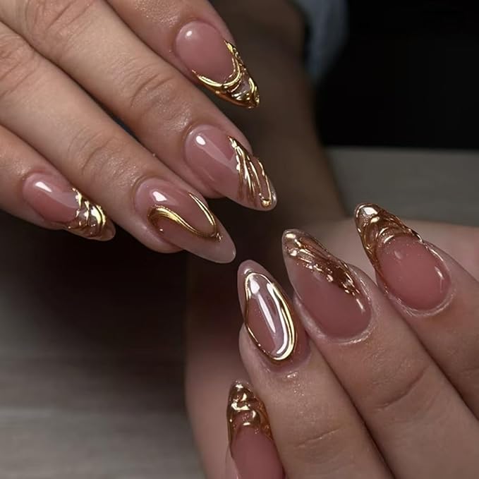 3D Gold Press on Nails Medium Almond Fake Nails with Gold Line Design Stick on Nails Nude Nails Press Ons Handmade Full Cover Acrylic Glue On Nail for Women Nail Art Decoration 24Pcs