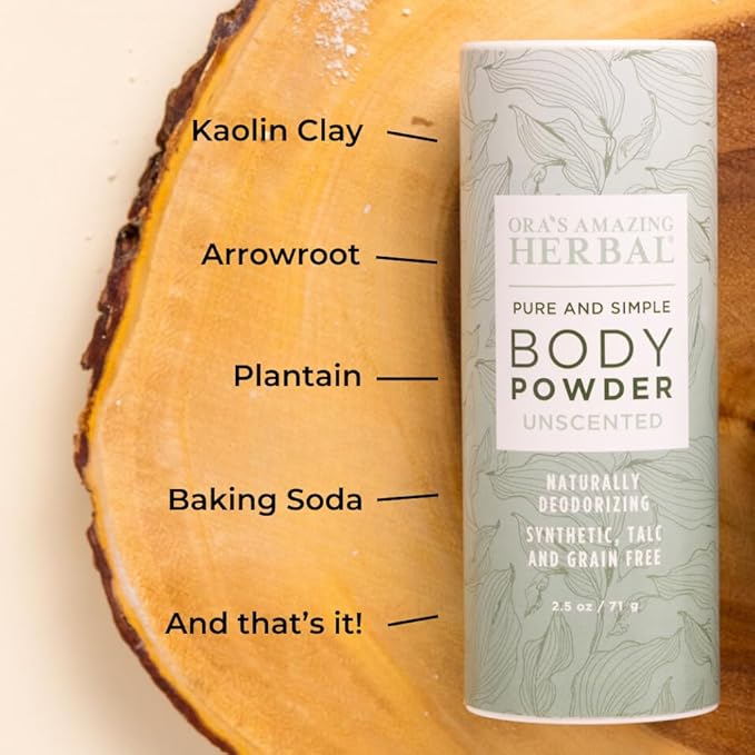 Ora's Amazing Herbal Fragrance Free Body Powder for Women and Men, Unscented Talc and Cornstarch Free Talcum Powder, Waxing, Natural Sugaring, Foot, Dry Shampoo, Made in USA, 2.5 oz