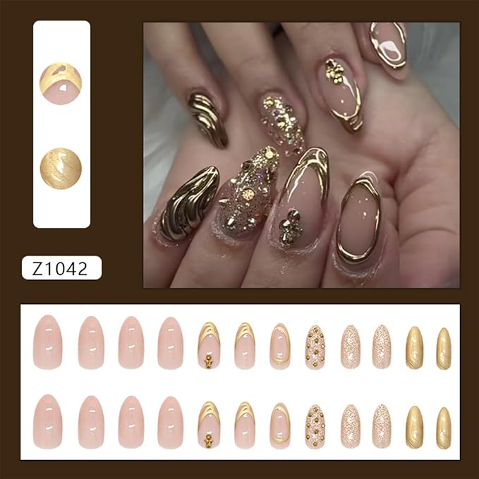 Almond Press on Nails Gold French Tip Fake Nails with Designs Chrome Acrylic Nails Glossy Nude Pink Full Cover Stick on Nails Artificial Almond Nails Tips False Nails for Women Manicure 24Pcs