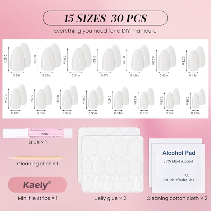 evpct Glossy Press on Nails Short Almond Short for Women, White Fake Nail with Glue Salon Quality Reusable Stick on Nails In 15 Sizes 30Pcs Full Cover False Nail Soft Gel Set Kit for Gift, 18