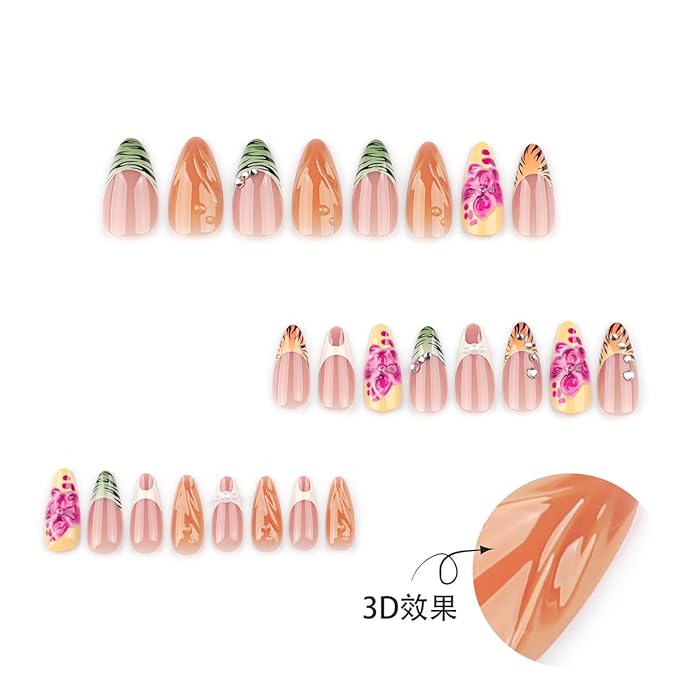 24Pcs Leopard Print French Tip Press on Nails Medium Almond Fake Nails with Rhinestones Design Glossy Nude Brown False Nails 3D Fall Flower Acrylic Nails Glue on Nail 24Pcs Nail Kit for Women Manicure