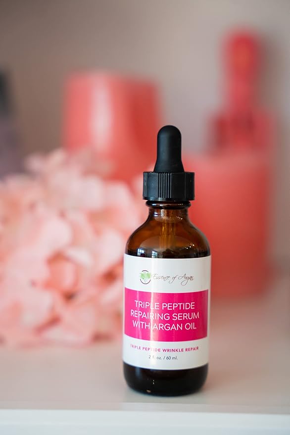 Essence of Argan Triple Peptide Serum for Face with Argan Oil, Aloe Vera, Chamomile, Green Tea and Olive Oil - For Deep Moisturizing and Glowing Skin - 2fl.oz/60ml