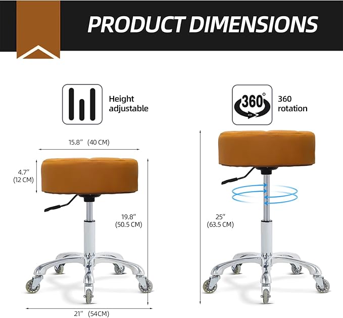 Rolling Stool with Wheels Adjustable Height, Roller Stool for Massage Medical Tattoo Spa Heavy Duty Swivel Desk (Super Thick Cushion, Camel)