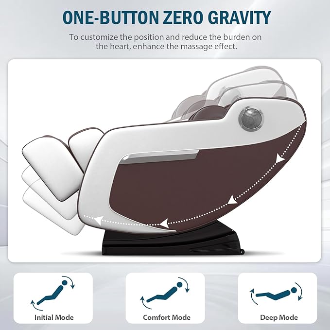 Massage Chair Full Body Zero Gravity, Massage Recliner with Air Pressure, 10 Fixed Massage Rollers, Heating, Foot Roller, Bluetooth Speaker, for Home Office Men Women (Brown)