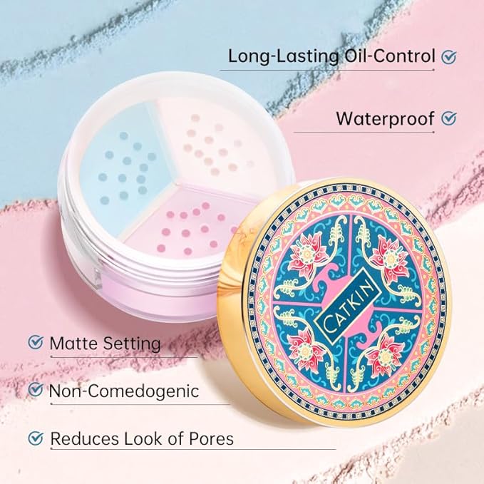 CATKIN Loose Setting Powder - Translucent Matte Finishing Powder, 3 Colors Even Skin Tone, Oil Control Makeup Pore Minimizing Powder with Velour Puff (0.42oz, C04 Matte for Dry Skin)