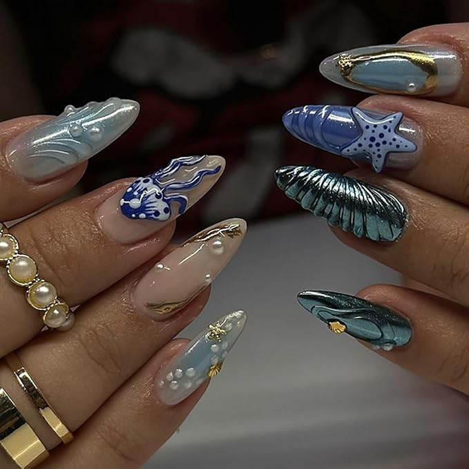 24Pcs Ocean Press on Nails Medium Almond Fake Nails with 3D Pearl Gold Shell Starfish Design Colorful Marine Life Summer False Nails Blue Gradient Acrylic Glossy Glue on Nails for Women Nails