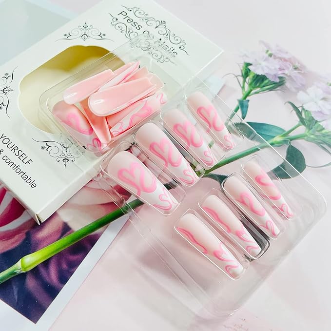 Long Press on Square French Tip Fake Nails - Glossy Glue-On Full Cover Nude Pink Acrylic False Tips With Heart Design - Coffin Stick-On Manicure Supplies for Women Girls - 24Pcs