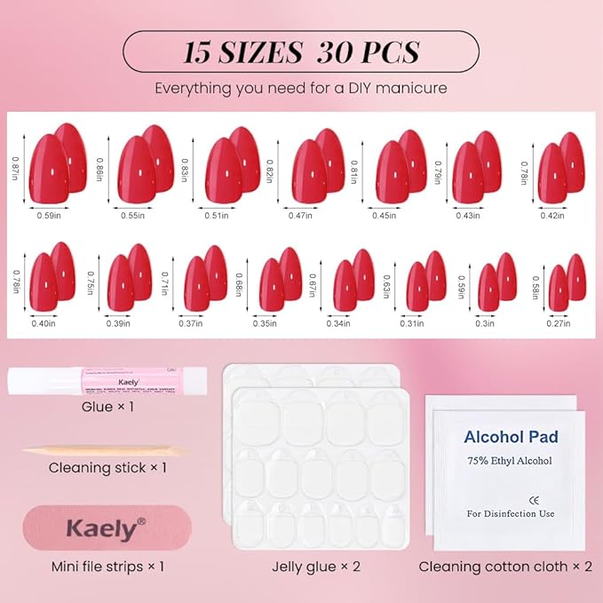 evpct Glossy Press on Nails Short Almond Short for Women, Vermillion Red Fake Nail with Glue Salon Quality Reusable Stick on Nails In 15 Sizes 30Pcs Full Cover False Nail Soft Gel Set Kit for Gift, 24