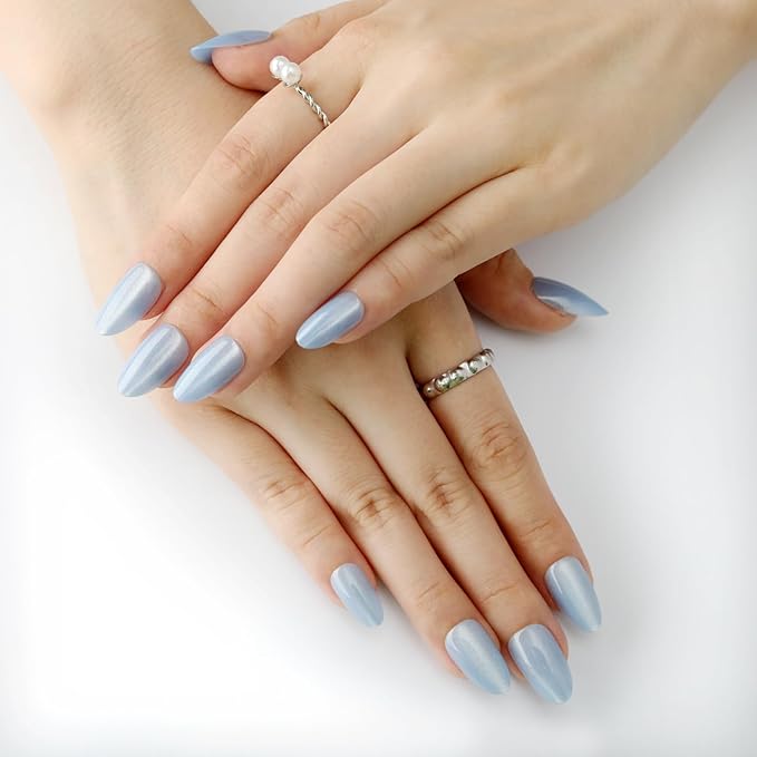 Blue Almond Press On Nails Short, Cat Eye Press on Nails with Glue for Women Ashionable Gel False Nails Reusable Acrylic False Nails Women's Glitter Nails Glue On Nails Kit Sky Blue