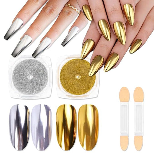evpct 2Pcs Gold Silver Metallic Mirror Effect Chrome Nail Powder Kit for Nails Polish Rainbow Holographic Iridescent Chameleon Neon Nail Pigment Mirror Chrome Nails Powder for Gel Nails Glitter