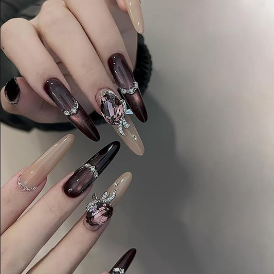 Rhinestones Press on Nails Long Length Purple Cat Eye Almond Tip Acrylic Fake Nail Full Cover Handmade Artificial Fingernails 24Pcs DIY Reusable Press Ons Artificial Stick on Nails for Women