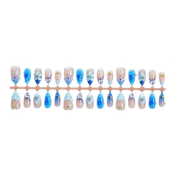 30Pcs Blue Flower Press on Nails Medium Almond Fake Nails with Shiny Rhinestones Design French Summer Beach False Nails Floral Shell Starfish Stick on Nails Full Cover Glue on Nail for Women