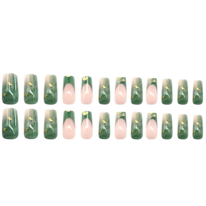 Hkanlre Medium Green Press on Nails French Fake Nails Tips Full Cover Square False Marble Nails for Women and Girls 24PCS
