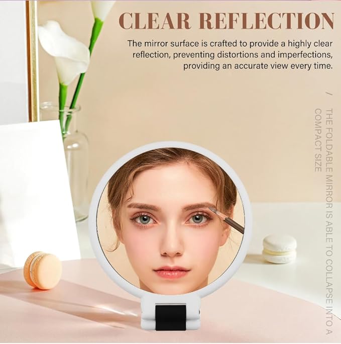 1X 5X Handheld Mirror with Handle for Travel， Magnifying Mirror, Magnification, Rotation Adjustable Handle, Double Sided Folding, Mirror for Women for Eyes Makeup Travel Shaving (White)