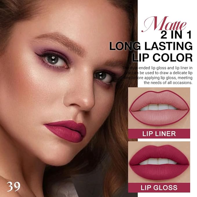 evpct 1Pcs Deep Cranberry Red Matte Lip Liner and Liquid Lipstick Stain Makeup Set for Women, Red Long Lasting Smudge Proof Lipstick labiales matte mate larga duracion listip 24 hours originales, 39#