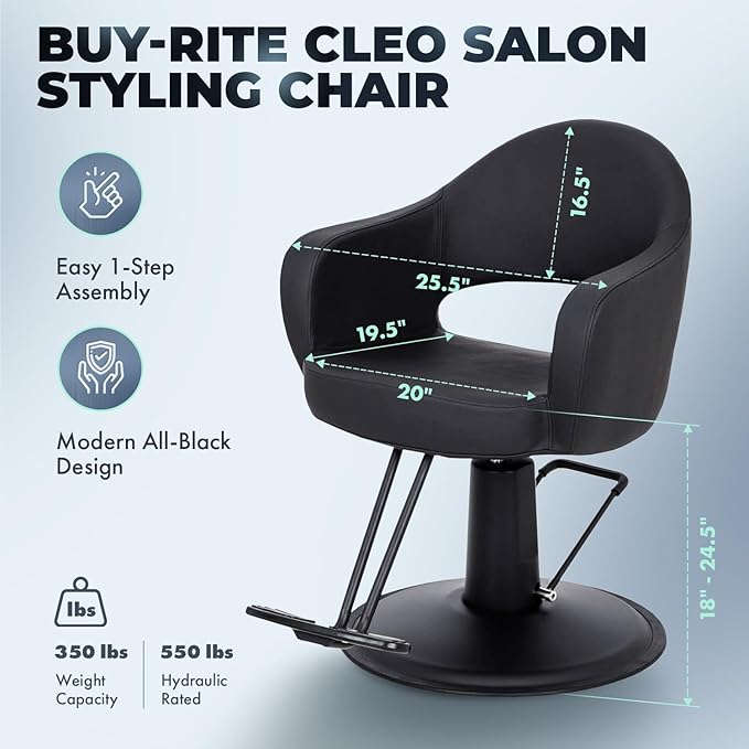 Buy-Rite Cleo Salon Styling & Barber Chair - Vinyl Upholstery, Seamless Seat for Easy Cleaning, Premium Comfort, Heavy-Duty Frame, Round Base - YLG-376-STD