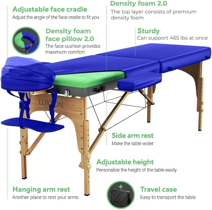 Luxton Home Premium Foam Massage Table Portable Foldable Massage Bed Height Adjustable, 72 Inches Long 27 Inches Wide Home Salon Spa Bed Tattoo Table with Accessories & Carrying Case, Easy Set Up